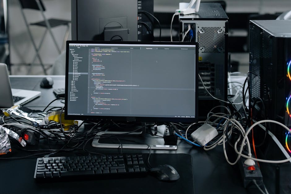 A cluttered workspace featuring a computer monitor displaying lines of code, surrounded by tangled cables, a keyboard, and a mouse. To the right, there are desktop towers with visible fans lit by colo